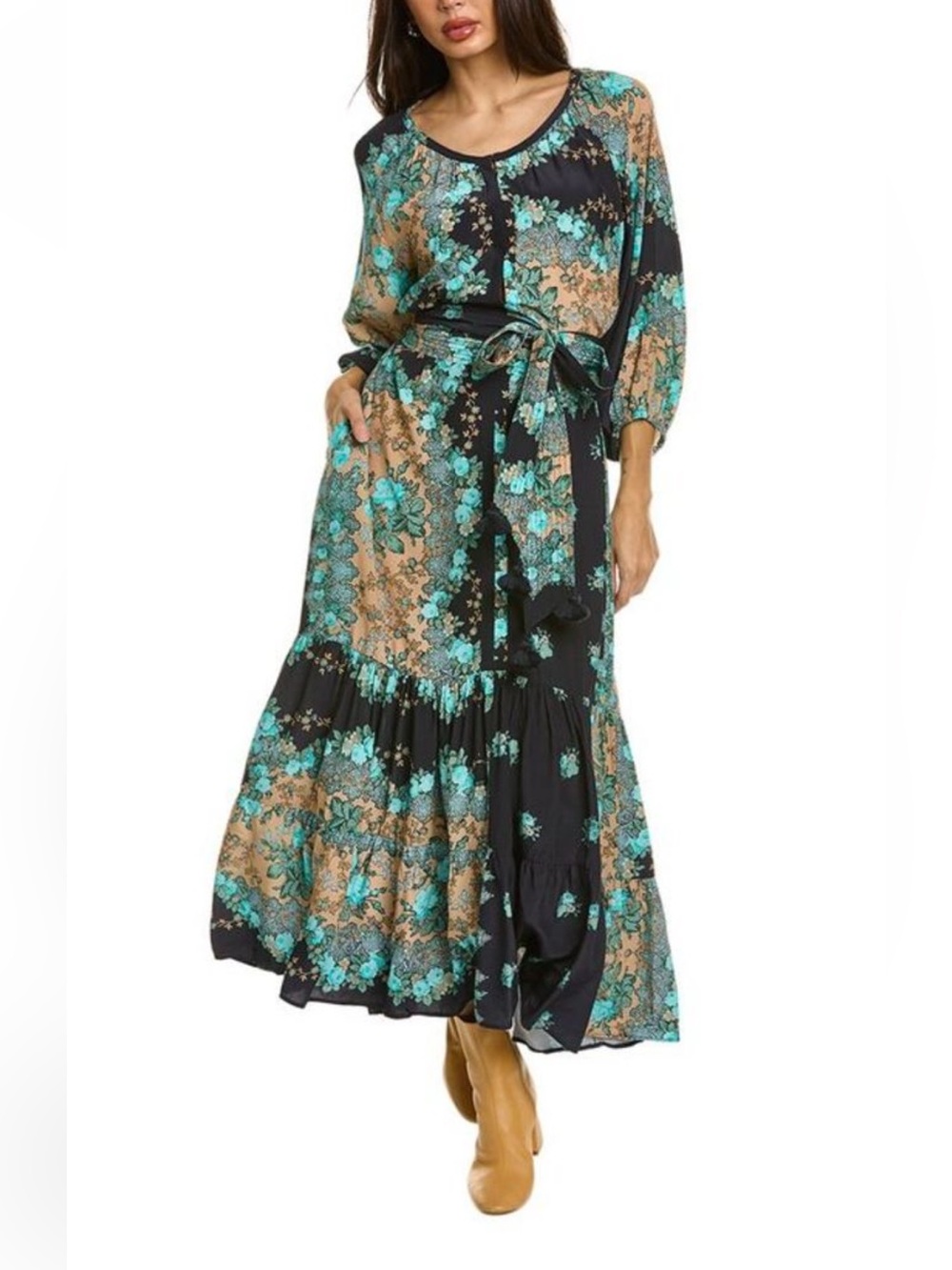 NWT Figue Johanna Belted Tiered Midi Maxi Dress in Floral Border Print - Small